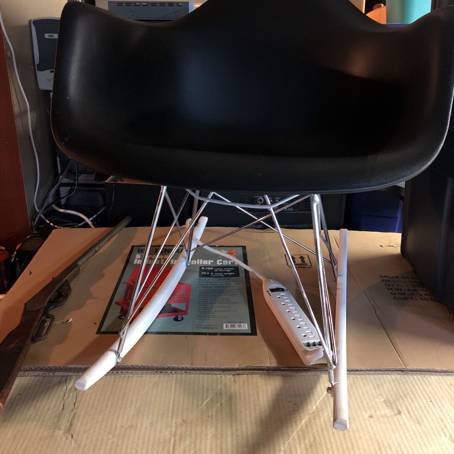 Rocker Molded Plastic Rocking Lounge Chair With Chrome & Wood Base, Black Brown