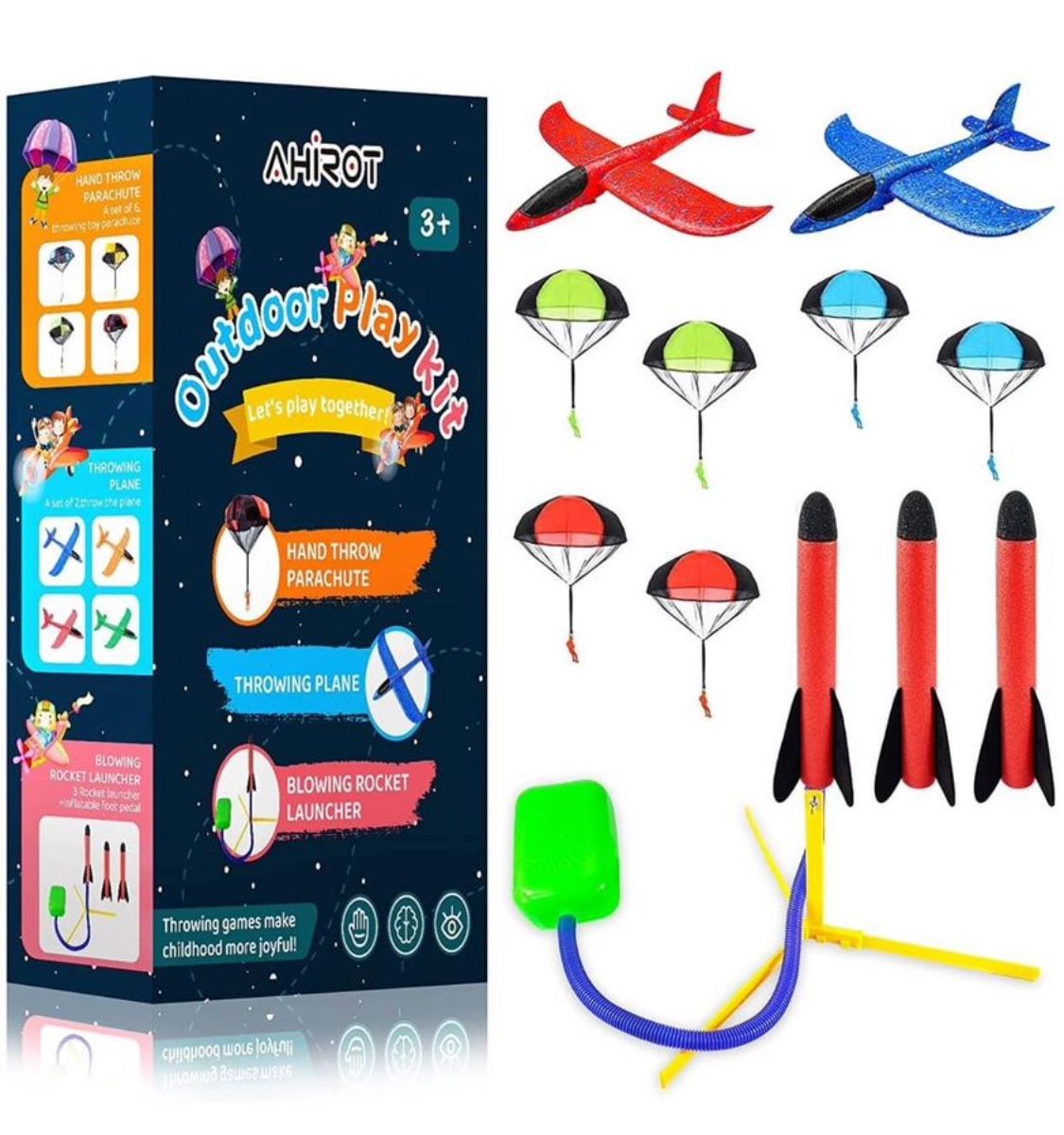 6Pcs Parachute Toy, 2Pcs Airplane for Kid, Rocket Launcher with 3 Foam Rockets for Stomping - 3 in 1 Outdoor Game Toys