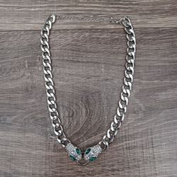 Silver Toned Cuban Bling Green Eye Snake
