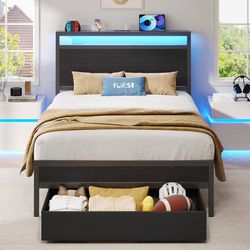 New Twin Bed Frame,Twin Bed Frame with Storage Headboard & Storage Drawer, Charging Station & LED Light, No Box Spring Needed, Noise Free, Easy Assemb