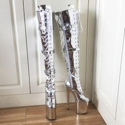 Denova's Women's Patent 7.9in Very High Heel Lace Up Platform Pole Dance Over-The-Knee Boots 