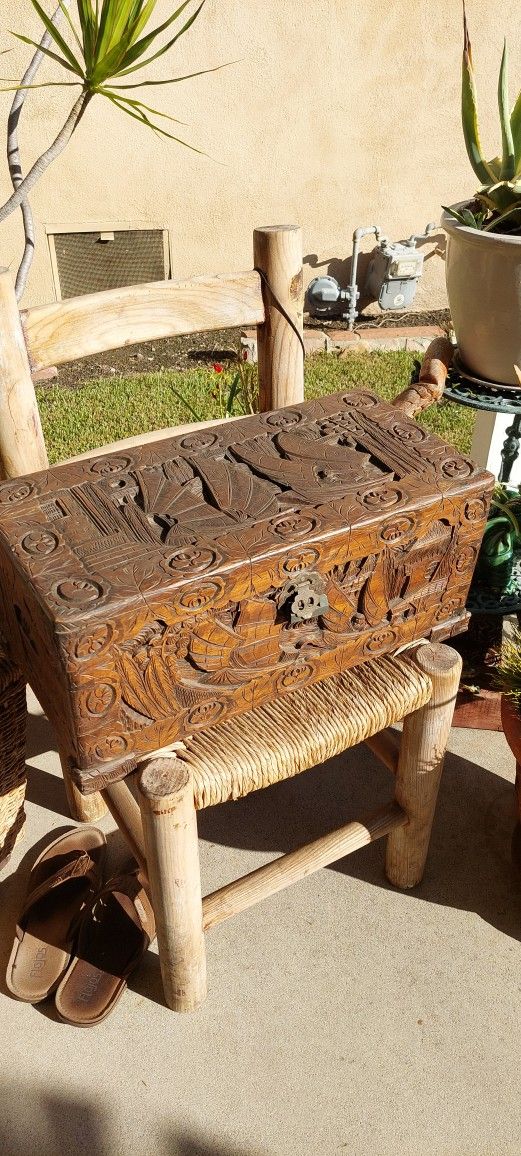 Antique Chinese Camphor Carved Wooden Hope Chest