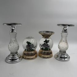 Luxury Home Decor Set Elephant Snow Globes & Glass Candle Holders Glam Table Decor