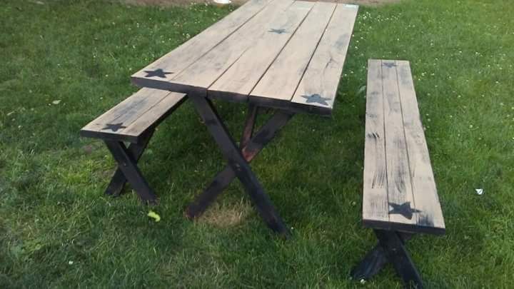 Primitive chalk paint indoor outdoor table with benches