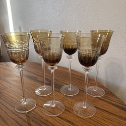 Antique vintage amber long stem goblet set of six