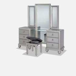 Vanity with lights and stool and queen bed frame with lights