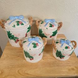 Vintage 1986 Haldon Group Basket and Bows 4 Piece Ceramic Canister Set Made In Japan