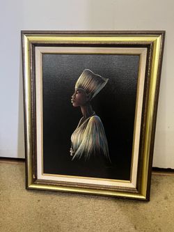African Queen framed oil on canvas painting
