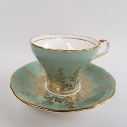 Vtg  AYNSLEY England Tea Cup & Saucer Teal   with GOLD Design Bone China