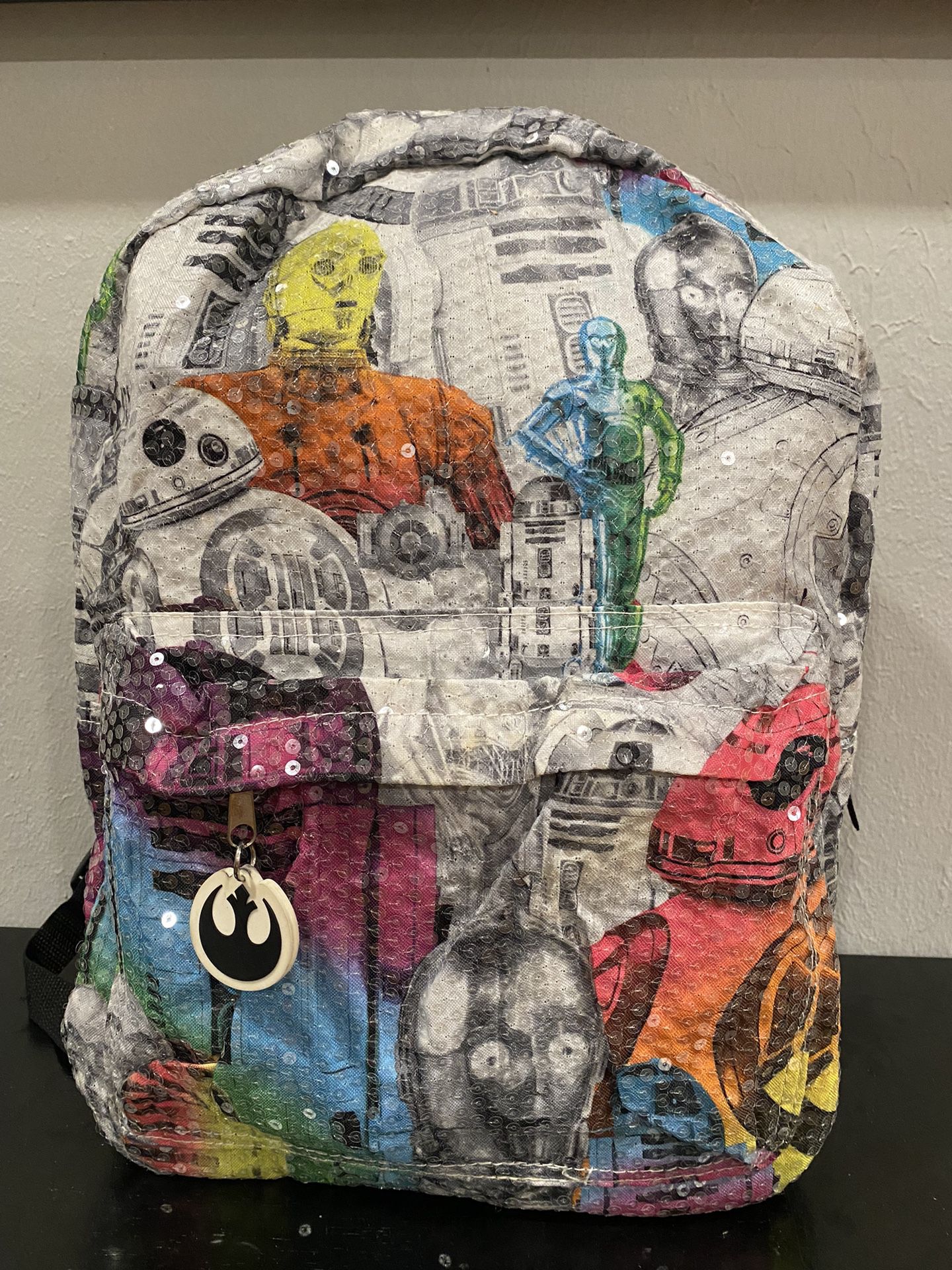 Star Wars C-3PO & R2-D2 Print Multi-Color with Clear Sequins Top Zip Backpack