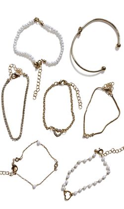 7pc Gold Bracelet Set – Pearl, Heart & Tennis Bracelets – Dainty Stack