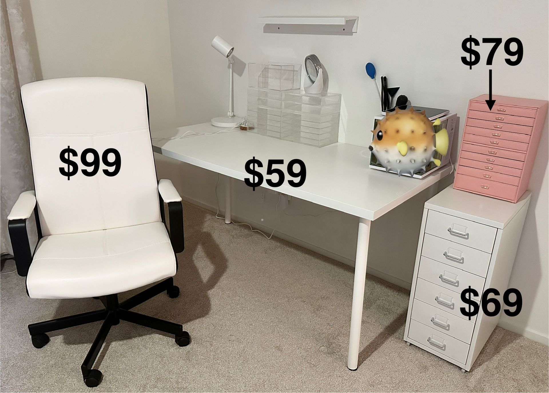 Moving Sale! IKEA Tabletop With Legs, Faux Leather Office Swivel Chair, Metal Drawer Cabinet, LED Light Vanity Mirror, Side Table, Jewelry Box