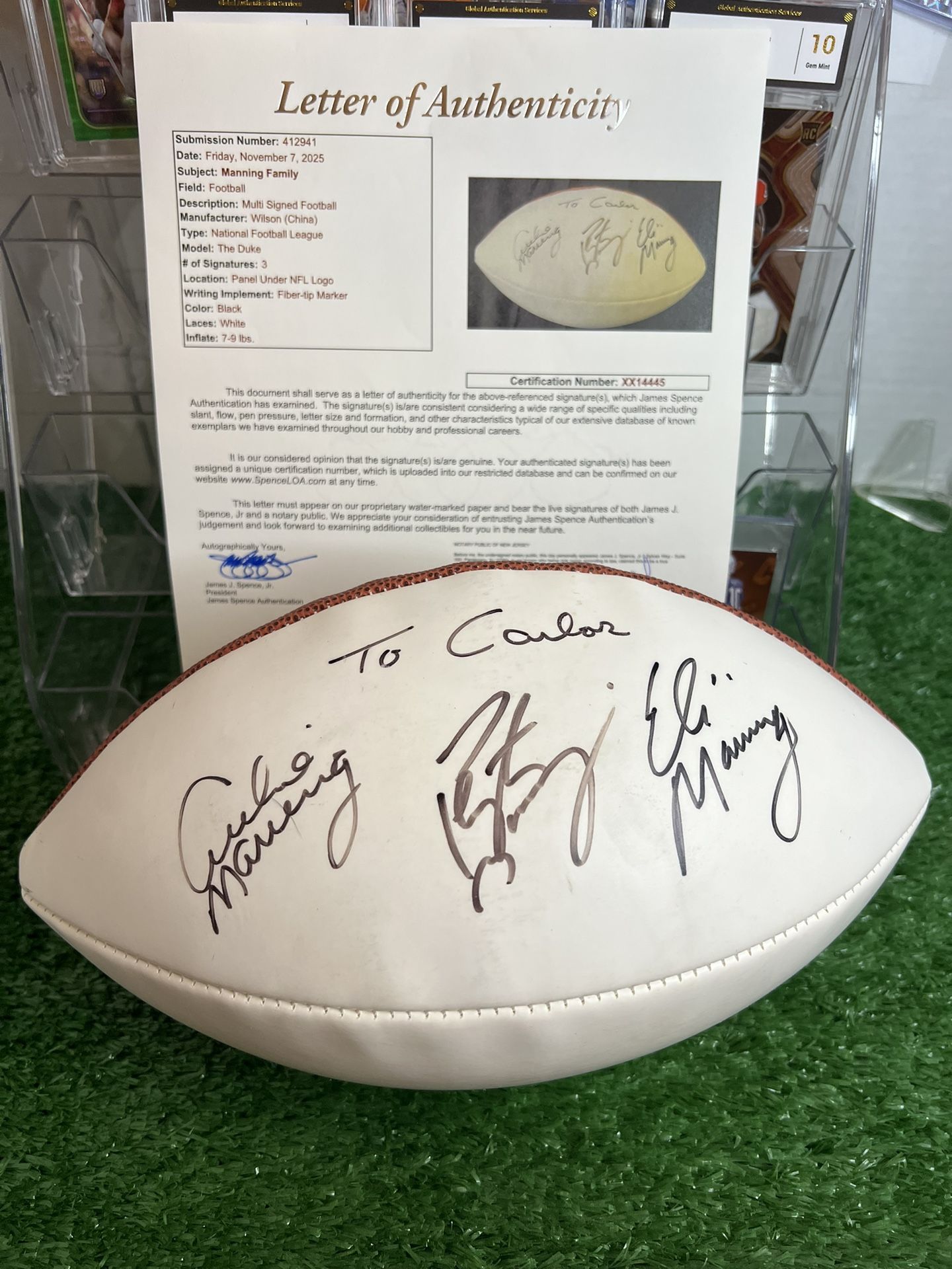 The Manning family Autographed NFL Football Arch/Peyton/Eli With LOA(JSA)