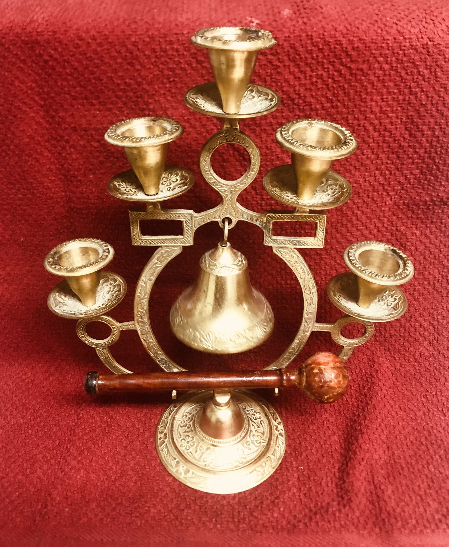 Vintage Brass Tree Of Life Candelabra Incense Burner With Bell And Wooden Bong