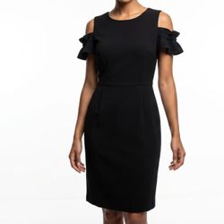 LOFT Outlet Corporate Goth Black Cold Shoulder Ruffle Dress Size 0
