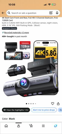 4K Dash Cam Front and Rear, Full HD 3 Channel Dashcam, Free 128GB Card