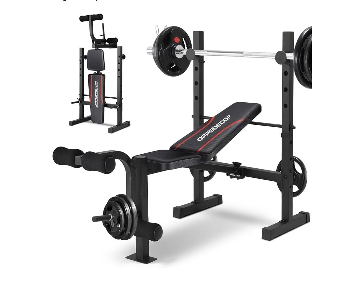OPPSDECOR Standard Weight Bench Set with Squat Rack, Adjustable Bench Press Set with Leg Extension and Leg Curl, Flat Incline Decline Workout Bench fo