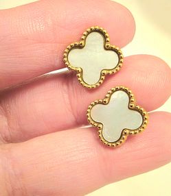 Gold-Tone White Clover Stud Earrings