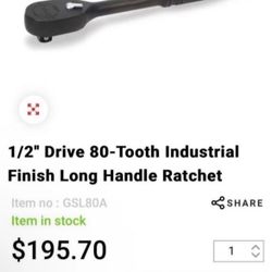 Snap On 1/2" Drive 80-Tooth Industrial Finish Long Handle Ratchet $120