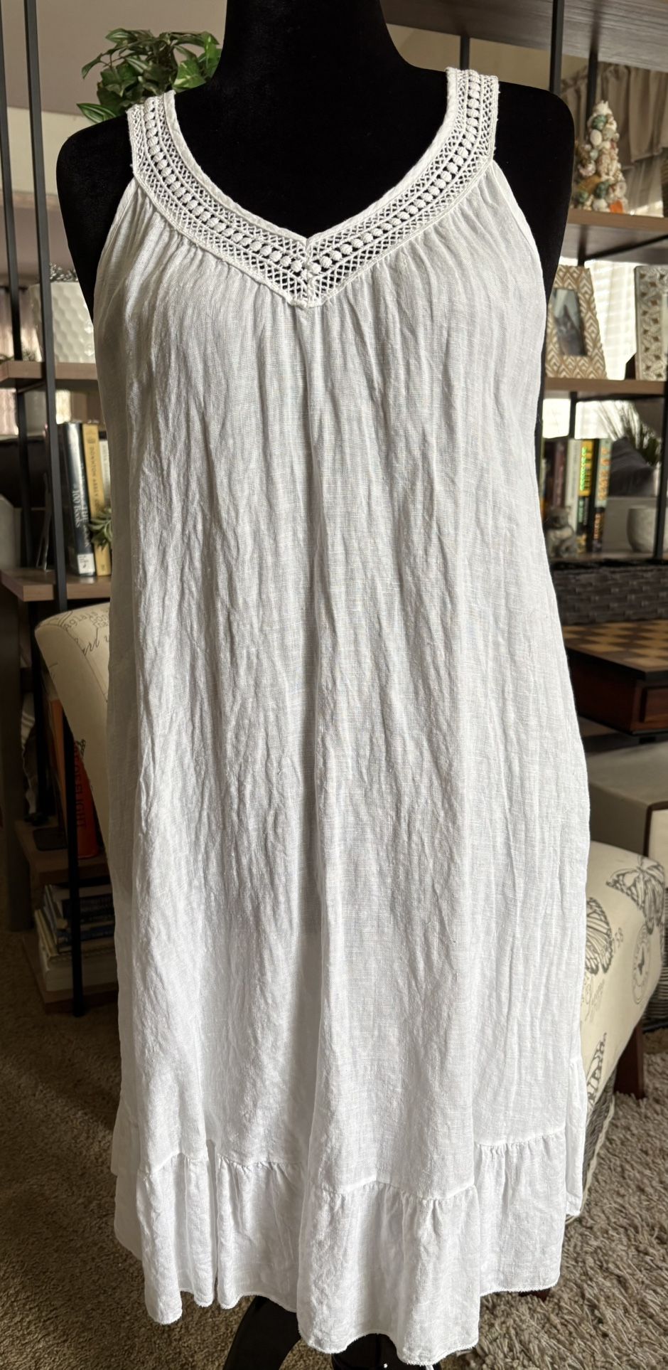 Terzo Millennio White Linen Sundress With Cotton Lace Panel Neckline, Med