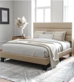 Queen Size Platform Bed Frame with Fabric Upholstered Headboard