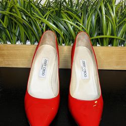 Jimmy Choo Leather Red London High Heels Women’s Size 7 Euro 37.5 Rare