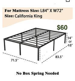 14” CA King Bed Frame No Box Spring Needed, Heavy Duty Metal Platform with Steel Slats, Noise Free, Easy Assembly, Black, Mattress Not Included