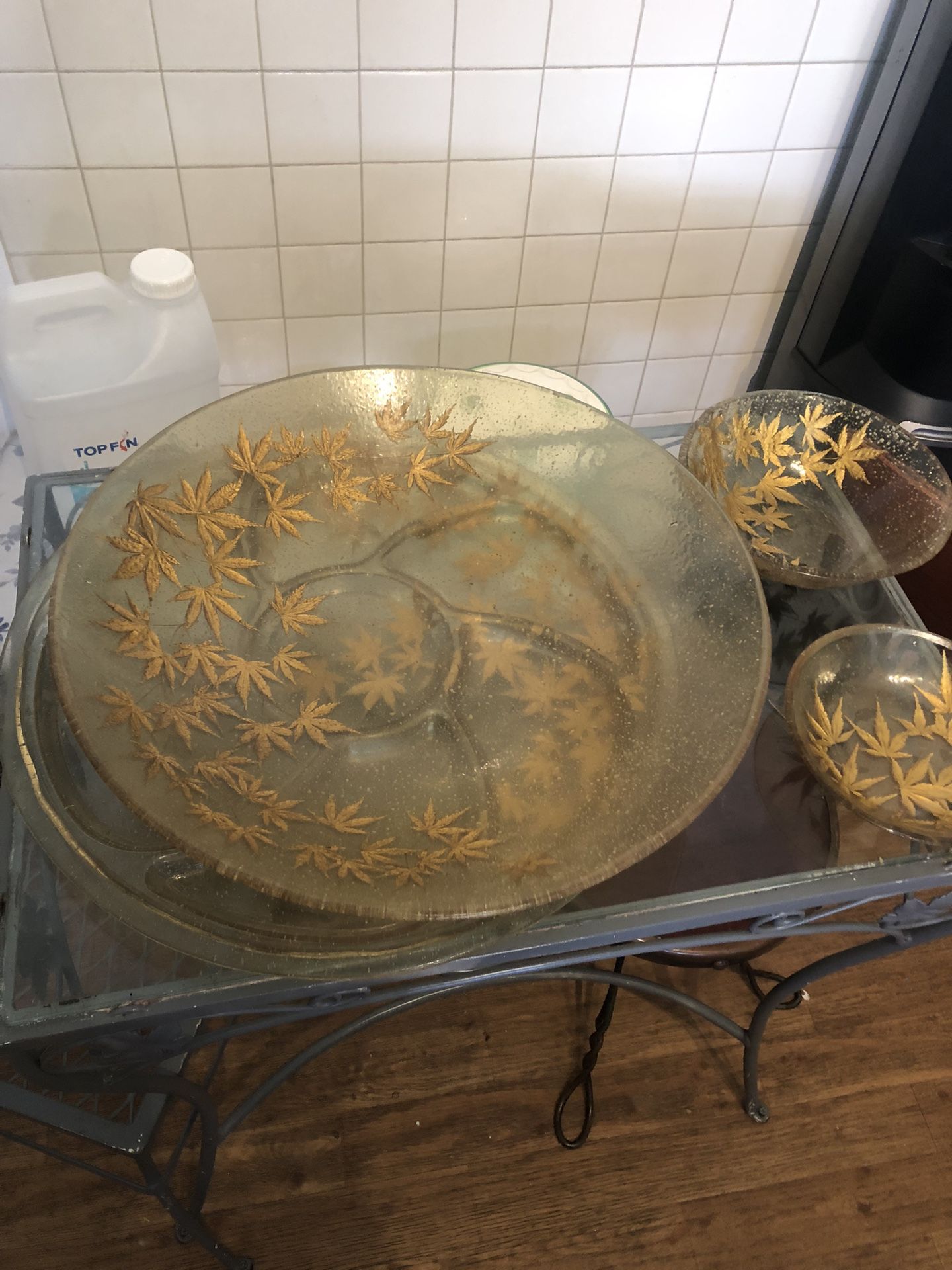 Classic Vintage Kitsch; Midcentury Four Piece “Gold Leaf” Acrylic Party Set: