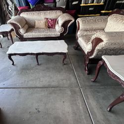  Vintage Victorian Style 5 Piece Living Room Set  Ornate Carved Wood & Damask