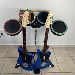 Rock Band 4 Xbox One Bundle Game, 2 Fender Jaguar Guitars, 1 Drum Set WORKS GOOD