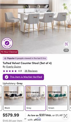 Brand new grey velvet set of 4 counter stool
