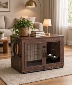 38 inch Dog Crate Furniture with 360°Rotatable Removable Dog Bowls, Upgraded Sturdy Door Lock,