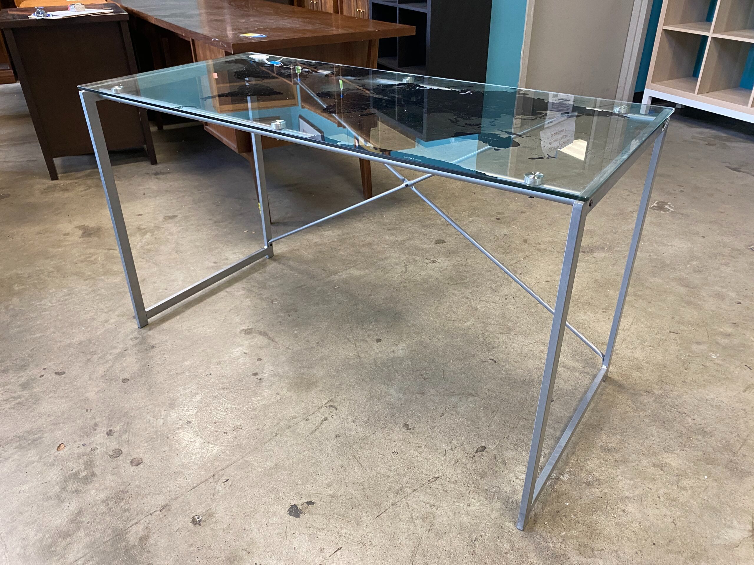 Metal Framed Glass Top World Map Desk