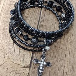 Black Beaded Bangle Bracelet...