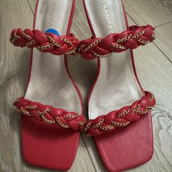 High-heeled, pointed-toe red woven sandals for Christmas New Year size 10 NWB