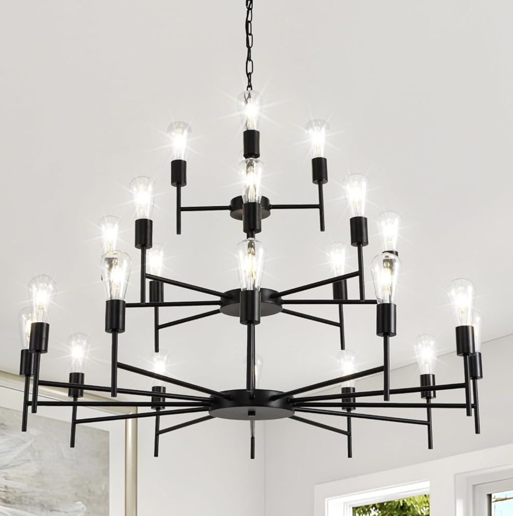 New 3-Tier 42” W 24 Light Large Black Candle Chandelier E26 Adjustable Height