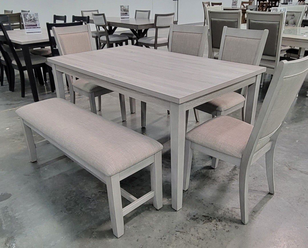 ✅️6 pc  ligght grey finish wood dining table set padded seat chairs and bench. 