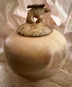 Vintage Handmade Indigenous Polar Bear Alaska Art Pottery Jar Vase with Lid