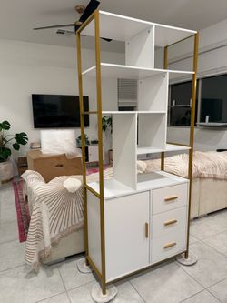 White & Gold Bookshelf with Drawers & Storage