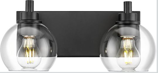 2-Light Matte Black Bathroom Vanity Light, Clear Glass Globe Shade - 15" Wide