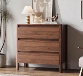 Modern FURNIWAY walnut 3-drawer dresser with a clean, minimalist design and hidden handles. The rich walnut finish and simple silhouette work well wit