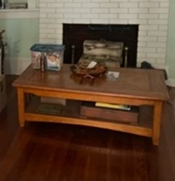 Natural Wood Grain Entertainment Center with Coffee Table and End Tables