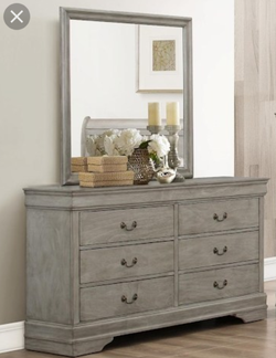 Brand new 58" wide grey finish dresser with crown moulding + mirror