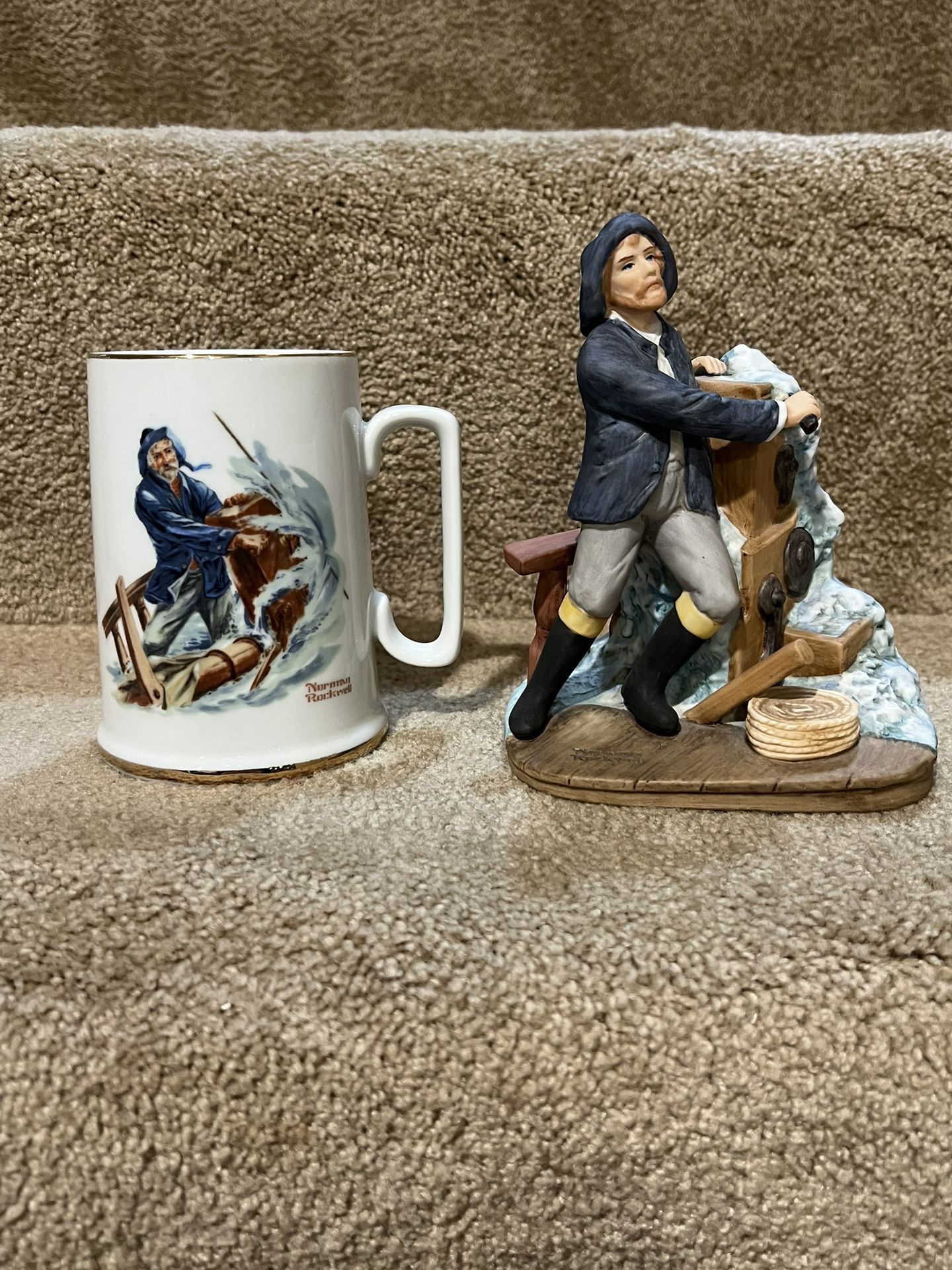 NORMAN ROCKWELL Braving The Storm Mug & Porcelain Figure set of 2