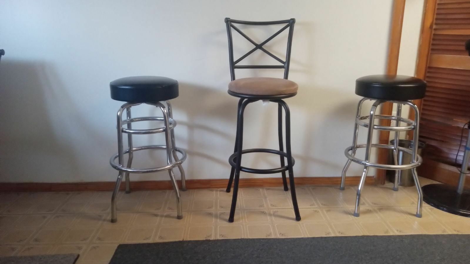 2 Bar Stools  Black Leather Cover. High Bar Stool Suede Tan With Black Metal 