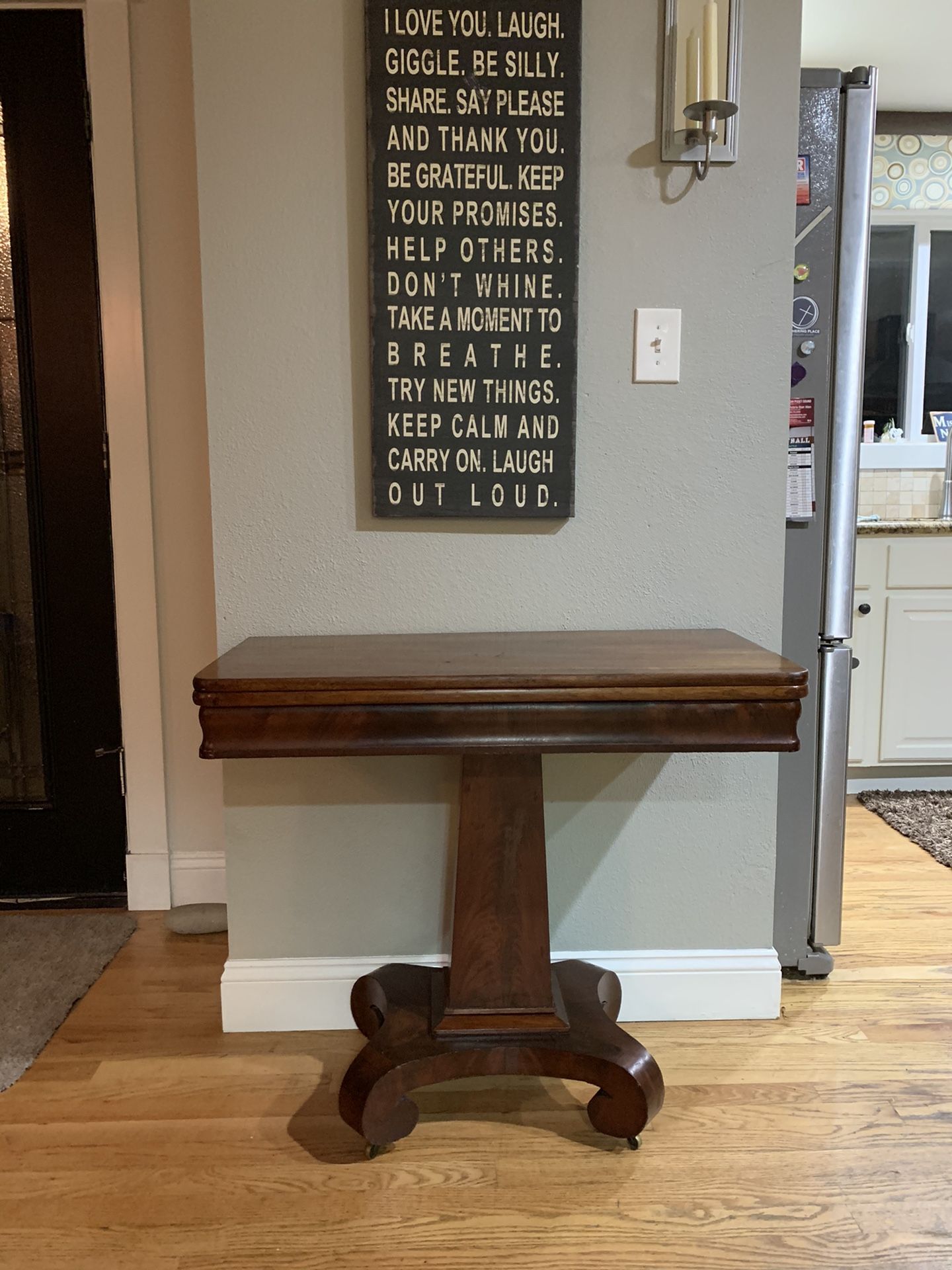 Antique fold out game table with storage