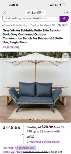 Grey Wicker Foldable Patio Side Bench Dark Grey Cushioned Outdoor - Conversation Bench For Backyard & Patio Use, Single Piece