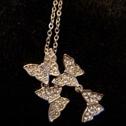 Silver Butterfly Trio Charm Necklace New