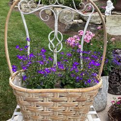 Wicker basket w/ handle - plastic lined 21”T w/handle, 7” x 15 x 8” (see pics) plants not included