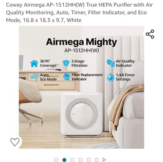 Coway Airmega AP-1512HH(W) True HEPA Purifier with Air Quality Monitoring, Auto, Timer White